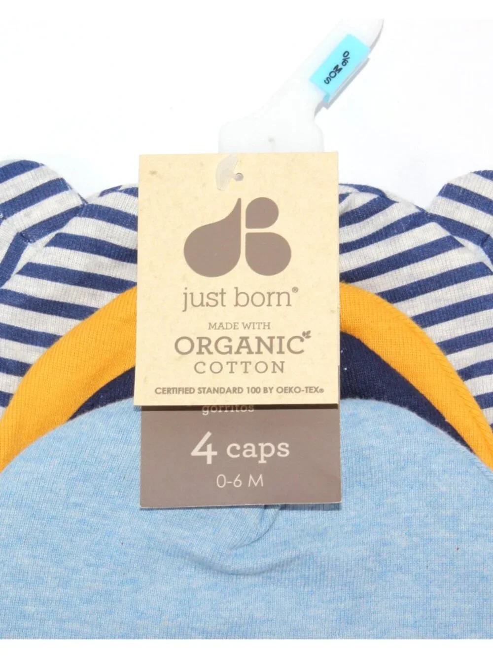 Just Born Baby Boys' 4-pk 100% Organic Cotton Solid Stripes Printed Baby Caps